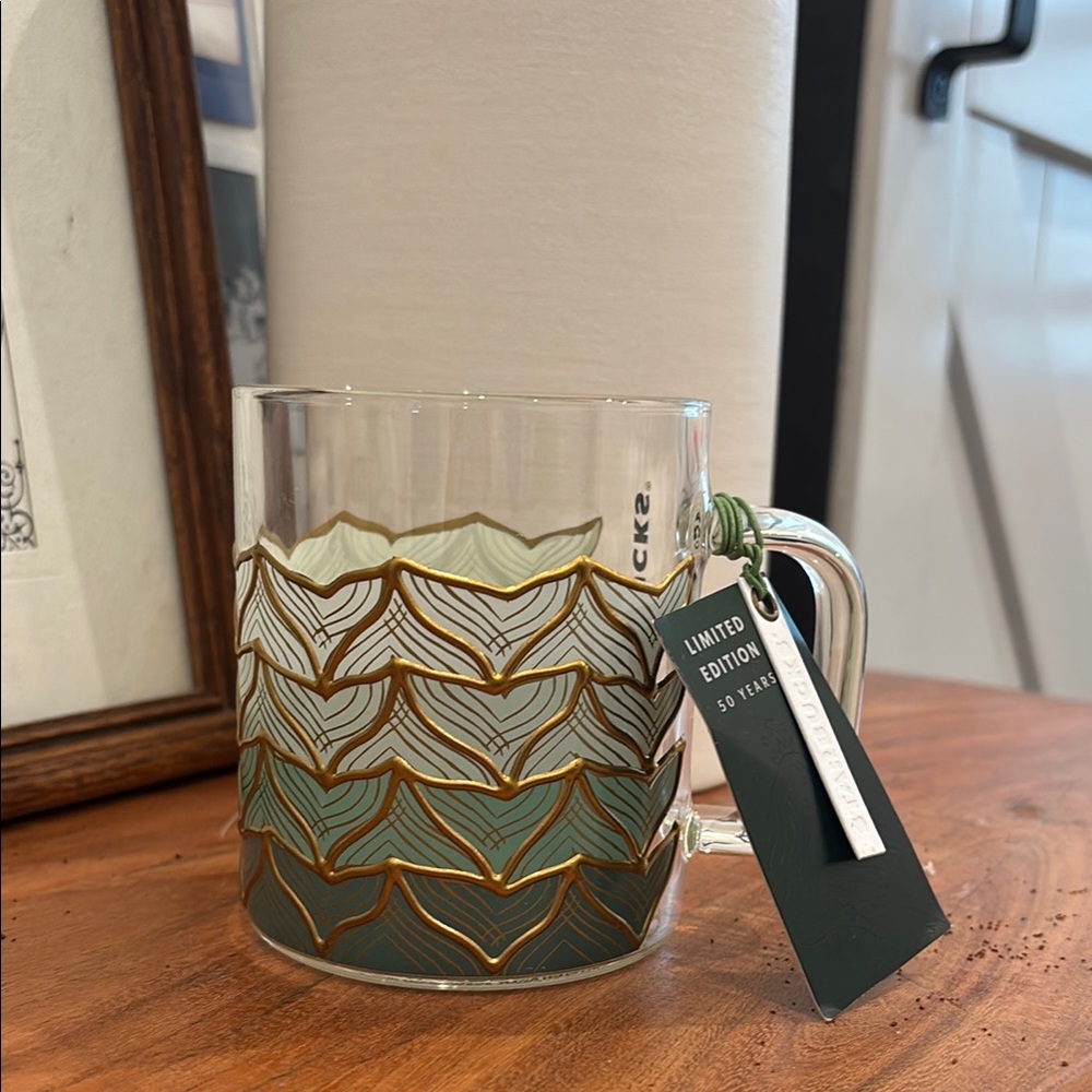 Starbucks Glass Mug with Gold and Green Pattern